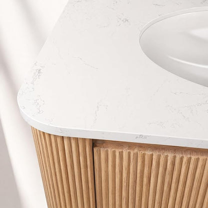 36 Inch Wall Mounted Bathroom Vanity with Ceramic Sink, Pre-Assembled Floating Vanity Cabinet with Cararra Artificial Countertop, Wave Texture Finish & Drawer, Wood