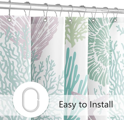 Nautical Coastal Shower Curtain, Pink Green Beach Ocean Theme Shower Curtain for Bathroom Decor, Summer Tropical Seashell Starfish Coral Fabric Shower Curtain Set with Hooks, 72x72