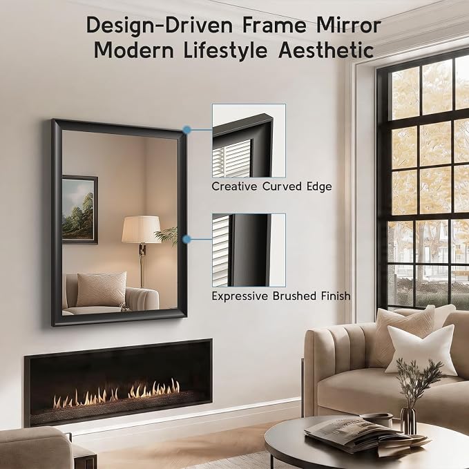 22x30 Inch Black Bathroom Mirrors for Over Sink | Rectangle Vanity Wall Mirror for Bedroom, Entryway, Living Room Decor, Aluminum Framed, Curved Wide Edge, Anti-Rust