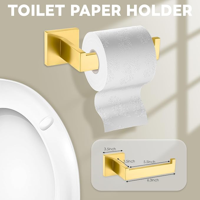 5-Piece Brushed Gold Bathroom Hardware Set - Hand Towel Bar, Toilet Paper Holder, Towel Ring & Rack