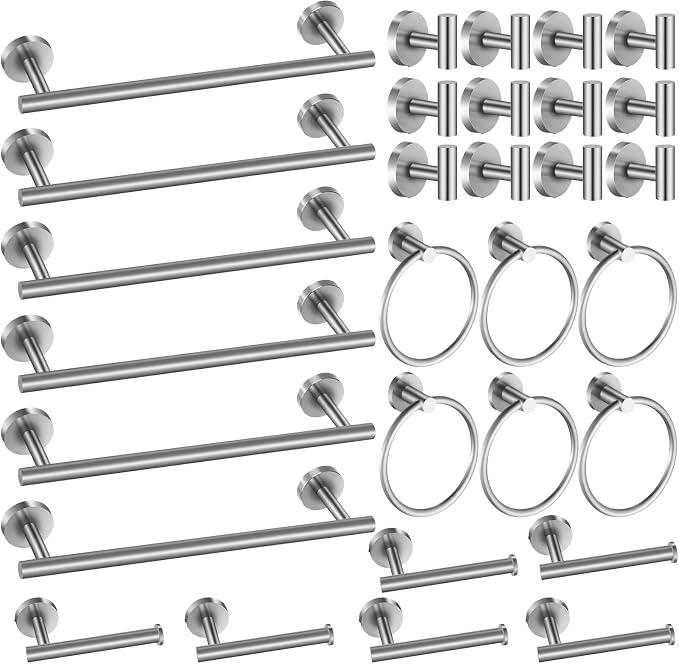 Blulu 30 Pcs Bathroom Hardware Set, Towel Bar Accessories, Brushed Nickel | Stainless Steel Bathroom Accessories, Wall Mounted 16 Inch Towel Racks, Hook, Ring, Toilet Paper Holder Kit Modern Decoration