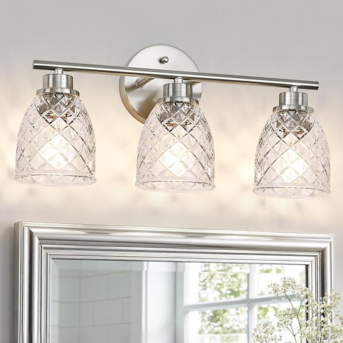 3-Light Bathroom Light Fixtures, Brushed Nickel Vanity Lights Over Mirror | Modern Farmhouse Wall Sconces with Hammered Glass Lampshade for Kitchen Hallway Bedroom Living Room Cabinet Porch-18.1IN