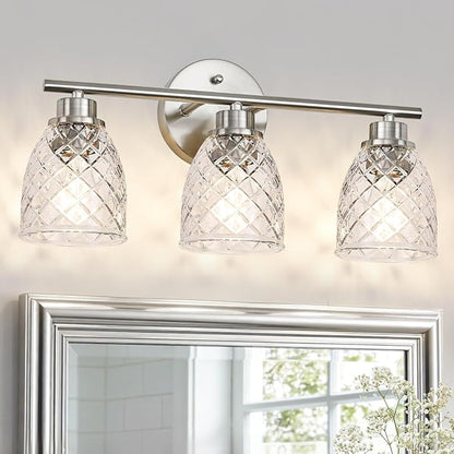 3-Light Bathroom Light Fixtures, Brushed Nickel Vanity Lights Over Mirror | Modern Farmhouse Wall Sconces with Hammered Glass Lampshade for Kitchen Hallway Bedroom Living Room Cabinet Porch-18.1IN