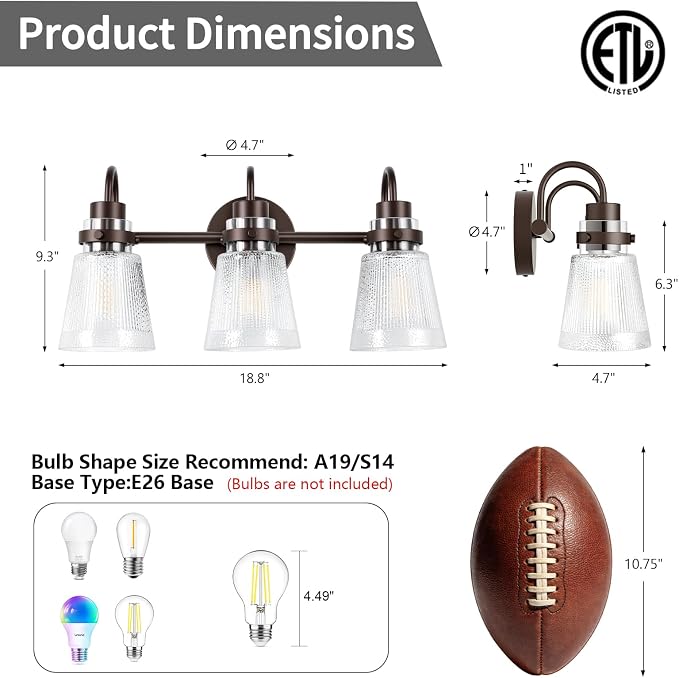 3-Light Bathroom Vanity Light, Farmhouse Bathroom Light Fixture with Clear Striped Glass Shade, 18.8 Inch Oil Rubbed Bronze Wall Sconce Lighting Over Mirror for Bedroom Hallway Cabinet