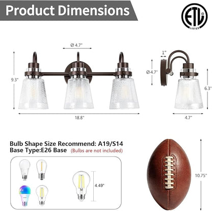 3-Light Bathroom Vanity Light, Farmhouse Bathroom Light Fixture with Clear Striped Glass Shade, 18.8 Inch Oil Rubbed Bronze Wall Sconce Lighting Over Mirror for Bedroom Hallway Cabinet