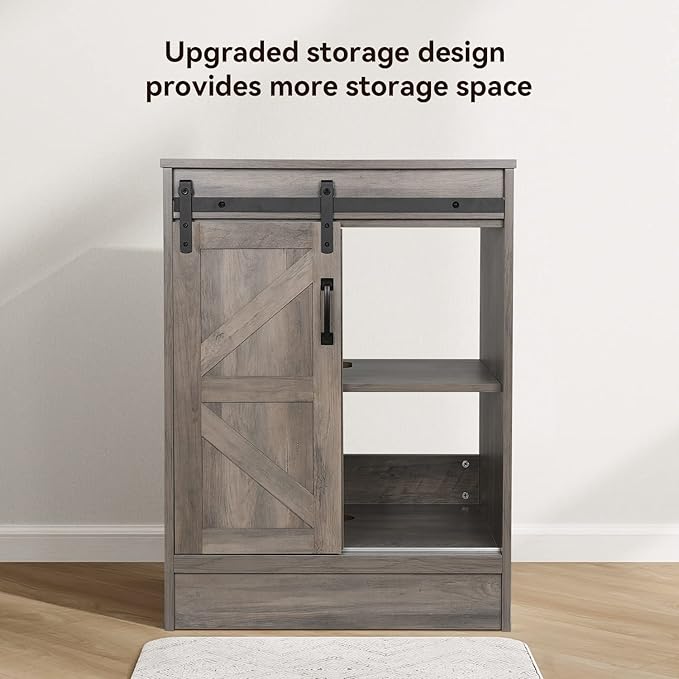 24" Farmhouse Bathroom Vanity with Sink, Bathroom Storage Cabinet with Sliding Barn Doors & Metal Handle, Freestanding Vanity with Black Ceramic Boat Sink Combo Set