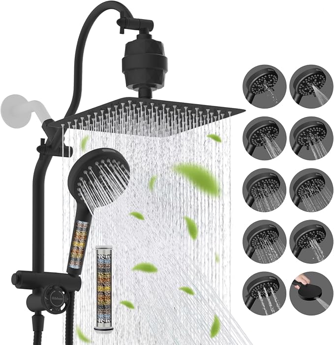 Hibbent 10" Dual Filtered 10" Rainfall Shower Head with Handheld 10-Spray | High Pressure Metal Matte Black Showerhead Combo with Filter, Extension Arm with 4-way Diverter, 71'' Shower Hose & Holder
