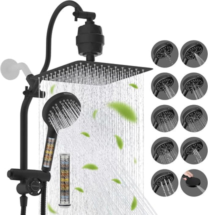 Hibbent 10" Dual Filtered 10" Rainfall Shower Head with Handheld 10-Spray | High Pressure Metal Matte Black Showerhead Combo with Filter, Extension Arm with 4-way Diverter, 71'' Shower Hose & Holder