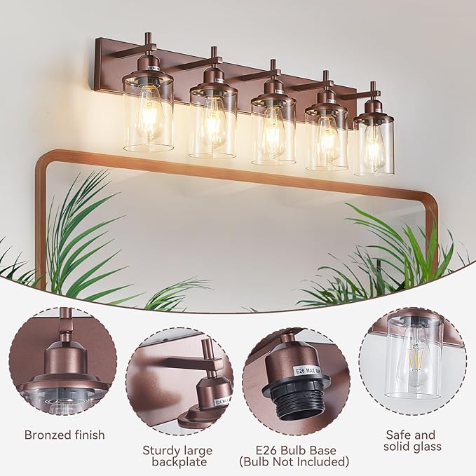 5-Light Bronze Bathroom Light Fixtures Over Mirror,Modern Bathroom Vanity Light with Clear Glass Shade, Wall Sconce for Bathroom Hallway Cabinet Bedroom Kitchen Living Room Foyer E26 Base