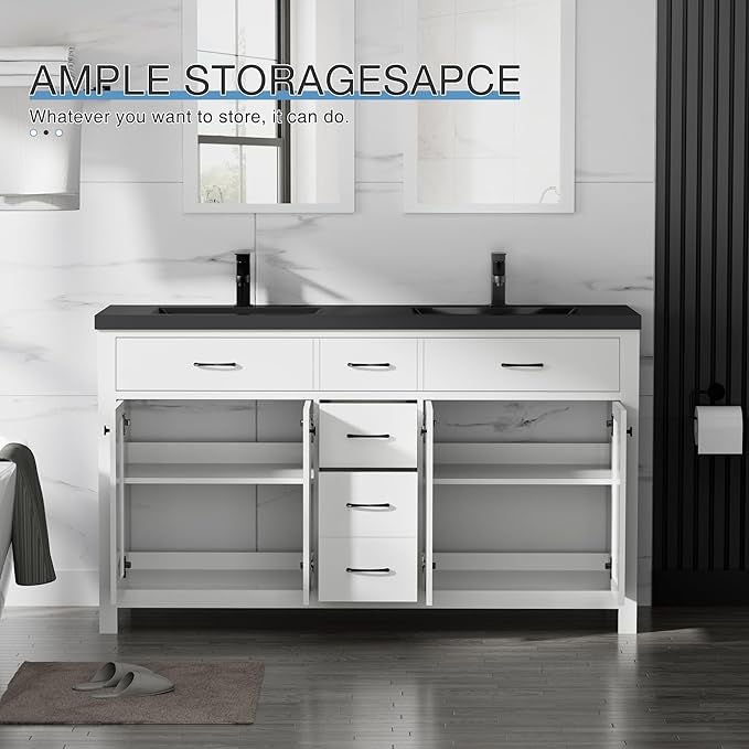 LUCKWIND 60" Bathroom Vanity and Black Sink Combo, Painted Modern Bathroom Storage Cabinet with Double Large Black Sink, Four Doors and Three Drawers, Include Faucet, Without Mirror, White