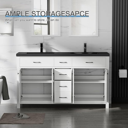 LUCKWIND 60" Bathroom Vanity and Black Sink Combo, Painted Modern Bathroom Storage Cabinet with Double Large Black Sink, Four Doors and Three Drawers, Include Faucet, Without Mirror, White