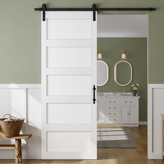 SMARTSTANDARD 36in x 96in Sliding Barn Door with 6.6FT Hardware Track Kit | Waterproof PVC Surface, Pre-Drilled Holes Easy to Assemble, Solid, MDF, White, 5-Panel