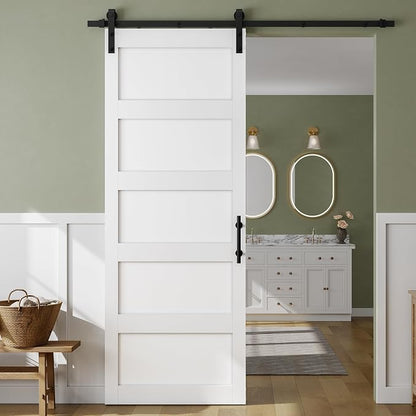 SMARTSTANDARD 36in x 96in Sliding Barn Door with 6.6FT Hardware Track Kit | Waterproof PVC Surface, Pre-Drilled Holes Easy to Assemble, Solid, MDF, White, 5-Panel