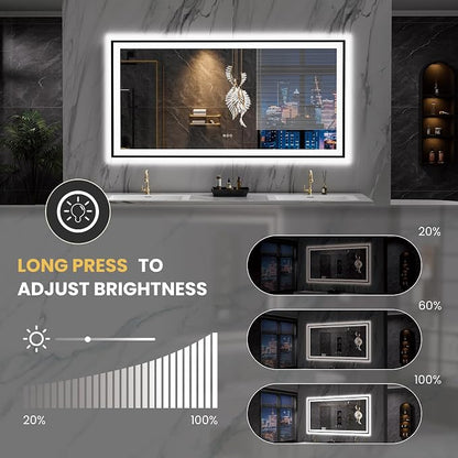 LOAAO 72"X32" LED Bathroom Mirror Black Framed | Anti-Fog, Dimmable, Memory Function, Tempered Glass, Lighted Vanity Mirror for Wall