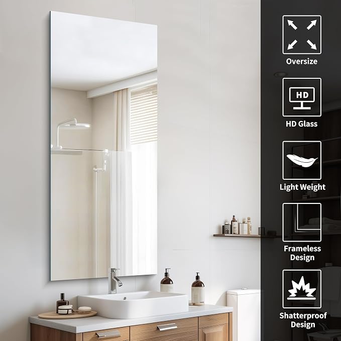 CILIBER Frameless Mirror, 24x60 Mirrors for Wall, Large Bathroom Mirror for Over Sink, Rectangle Frameless Vanity Mirror with Polished Edge, 3mm Tempered Glass, Hangs Horizontally or Vertically