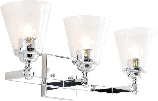 JONATHAN Y 21" Chrome Marion 3-Light Vanity Light Wall Sconce for Bathroom Decor, Clear Seeded Glass Shade, Reversible Hardwired Lamp for Mirror Hallway, LED Bulb (JYL7434A)