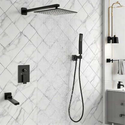 10 inch Square Shower Head and Handheld Set, Gasecoet Shower System with Tub Spout Wall Mounted Shower Faucet for Bathroom - Matte Black (With Shower Valve)