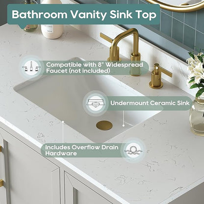 42 Inch Bathroom Vanity with Sink Combo, Solid Wood Frame with Stone Top & Backspalsh, Fully-Assembled with Soft-Closing Doors & 4 Drawers, Greige