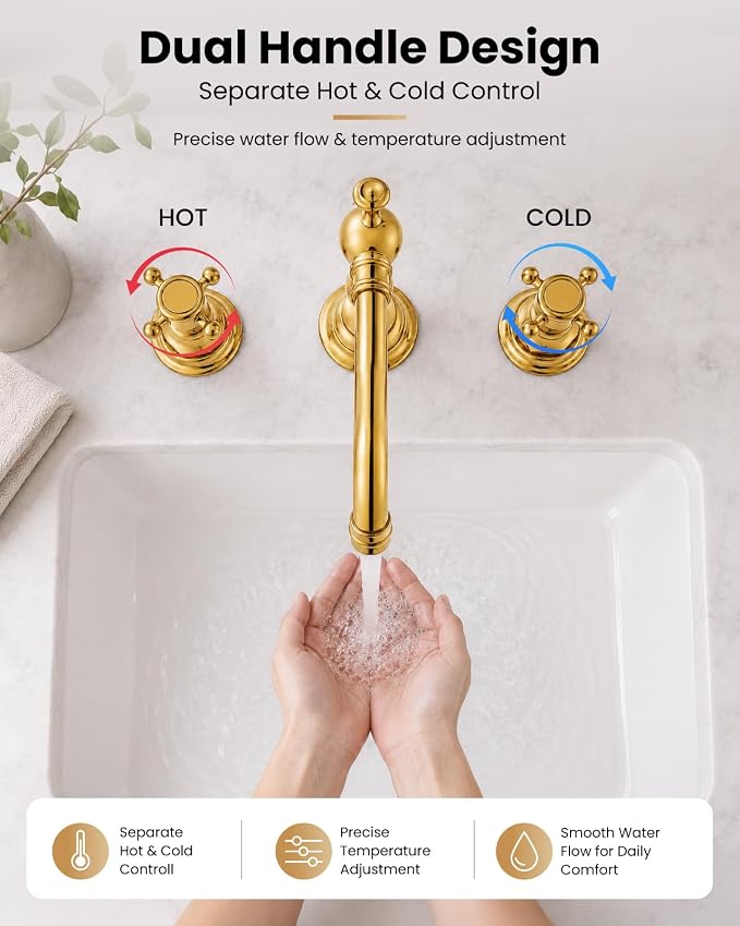 gotonovo 3 Hole 8’’ Widespread Bathroom Sink Faucet Polished Gold | Vintage Bathroom Faucet,2 Cross Handle,6-16’’ Sink,Vanity,Basin,RV,Farmhouse,SUS304,24’’ cUPC Hose Pop Up Drain,Deck Mount