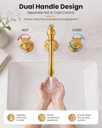 gotonovo 3 Hole 8’’ Widespread Bathroom Sink Faucet Polished Gold | Vintage Bathroom Faucet,2 Cross Handle,6-16’’ Sink,Vanity,Basin,RV,Farmhouse,SUS304,24’’ cUPC Hose Pop Up Drain,Deck Mount