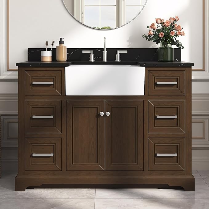 48" Bathroom Vanity with Sink, Fully Assembled, Walnut | Solid Wood Frame with Quartz Countertop, Ceramic Sink & Backsplash, Soft-Close Doors and 6 Full-Extension Drawers