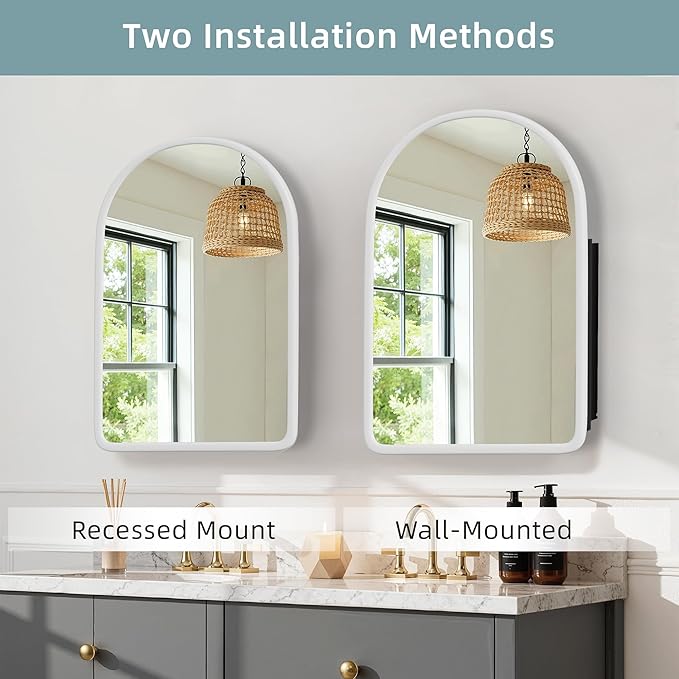 Casaphoria 36" H x 24" W Arched Bathroom Medicine Cabinet with Mirror, Wooden Frame and 2 Adjustable Shelves Wall Medicine Cabinets Mirrors, White