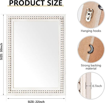 H HOMEWINS Rustic Wooden Mirror,22x30 Inch Farmhouse Boho Bathroom Rectangle Nursery White Beads Decor Wall-Mounted Mirror for Bedroom, Living Room,Vanity,Entryway,Over Sink