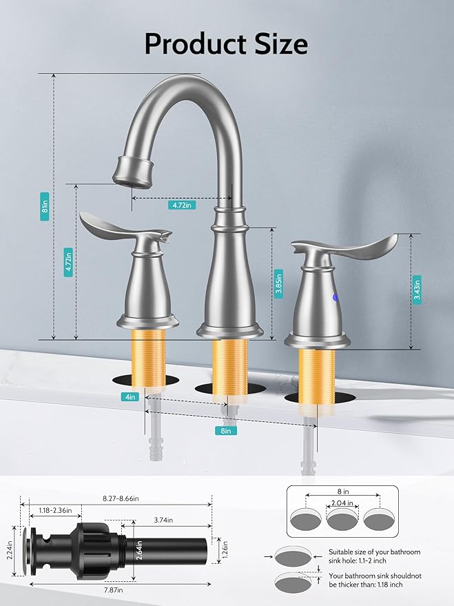 Bathroom Faucets for Sink 3 Hole, 4 Inch Brushed Nickel Faucet Bathroom with 2 Hot/Cold Handles, Pop-Up Drain, Lead-Free, No-Leak, RV Sink Faucet for Bath, Camper