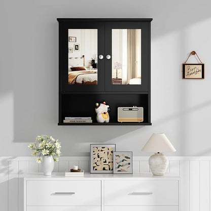 Shintenchi Bathroom Medicine Cabinet with Mirror, Wall Mounted, Black | Over The Toilet Cupboard, Adjustable Shelf, Open & Concealed Storage, 2 Magnet Doors, Space-Saving, Easy to Clean