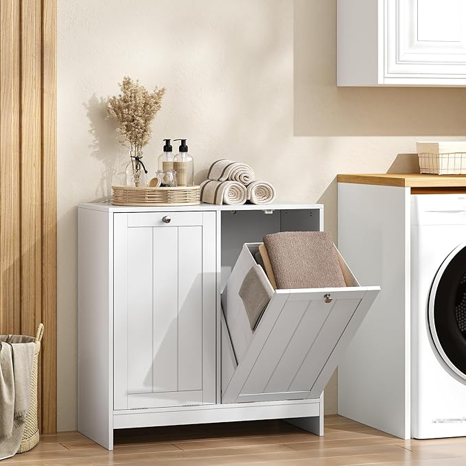 Smart FENDEE Double Tilt Out Laundry Hamper Cabinet, 11.8 Gallon Hidden Trash Cabinets with 2 Baskets for Kitchen, Freestanding Small Bathroom Storage Cabinet Unit, White