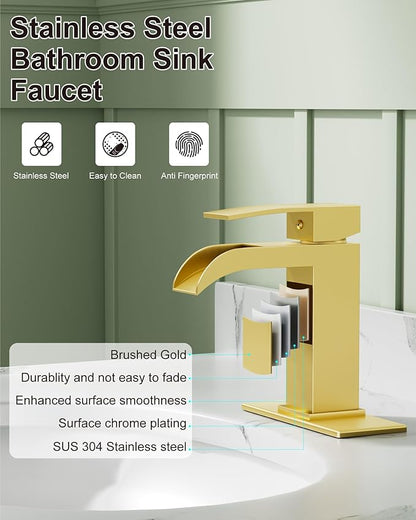 Midanya Waterfall Bathroom Faucet, Single Handle Bathroom Sink Faucet for Sink 1 or 4 Inch 3 Hole, Stainless Steel Vanity Faucets with Deck Plate and Pop up Drain,Brushed Gold