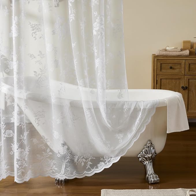 White Lace Shower Curtain 36 Inch with Attached Valance Victorian Floral Shower Curtain Vintage French Country Scalloped Edge for Bathroom Decor Spa Hotel Bath Short Rental Loft, 1 Panel, 36x72