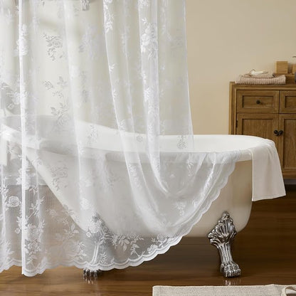 White Lace Shower Curtain 36 Inch with Attached Valance Victorian Floral Shower Curtain Vintage French Country Scalloped Edge for Bathroom Decor Spa Hotel Bath Short Rental Loft, 1 Panel, 36x72