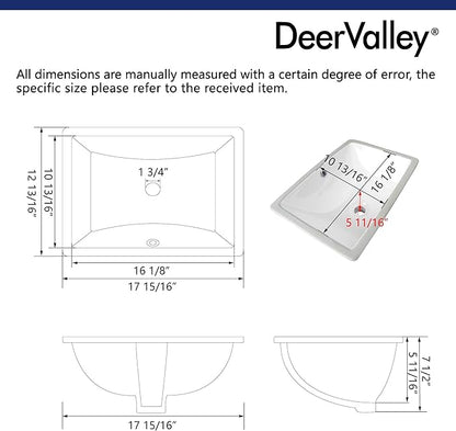 DeerValley DV-1U306 Ursa Undermount Bathroom Sink, 17.91”x 12.8” Vessel Sinks Rectangle Undermount Sink Modern White Ceramic Vanity Vessel Sink with Overflow