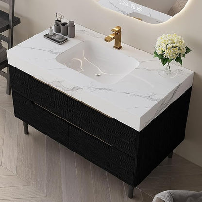 36" Bathroom Vanity with Undermount Sink Set, Modern 2-in-1 Wall Mounted & Freestanding Bathroom Vanity Cabinet with Sintered Stone top&4 Storage Drawers, Single Bathroom Sink Cabinet