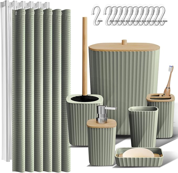 Clara Clark Bathroom Accessories Set - Bathroom Set, Bathroom Accessory Set, Shower Curtain Set, Toilet Brush, Trash Can & Soap Dispenser - Sage Green - 20PC | 20 Piece Sage Green Bathroom Accessories Set with Toothbrush Holder, Soap Dispenser, Soap Di...