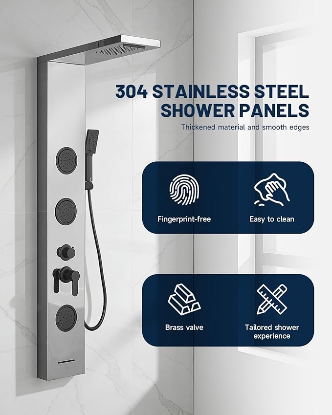 Homevacious 5 In 1 Shower Panel Brushed Nickel Shower Tower System with Rainfall Waterfall Shower Head 3 Body Jets Handheld Shower Head and Tub Spout Modern Massage Shower System