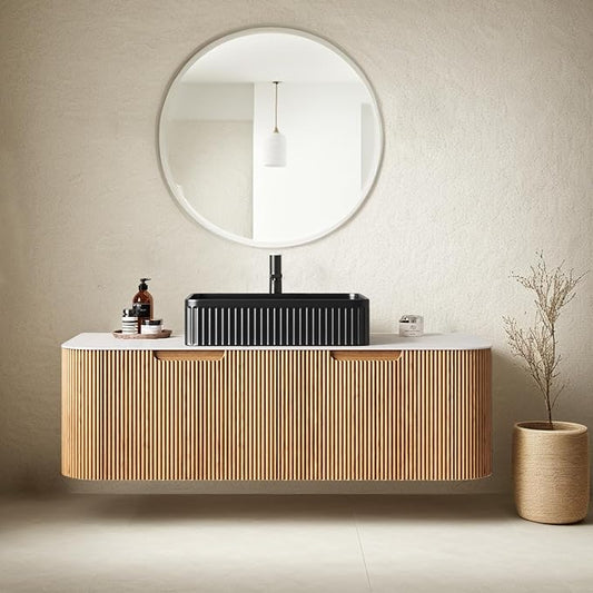 48" Floating Bathroom Vanity with Sink, Wall-Mount Cabinet with 2 Large Storage Drawers, Black Rectangular Ceramic Basins and Marble Top, Soft-Close Design, Pre-Assembled, Natural Wood