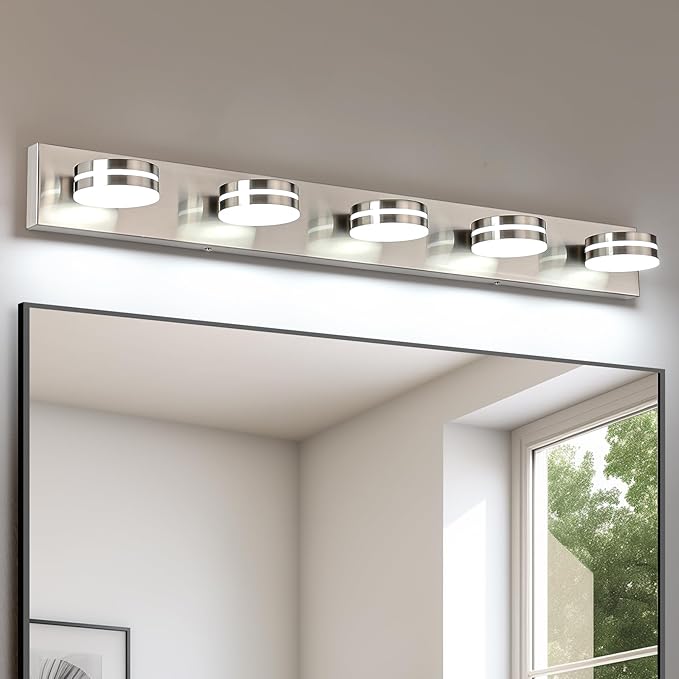Brushed Nickel Bathroom Light Fixtures Over Mirror, 5-Light Bathroom Vanity Light, LED Dimmable Bath Lights, Modern Dimmable Vanity Lighting with Rotating Lamp Head, 5500K