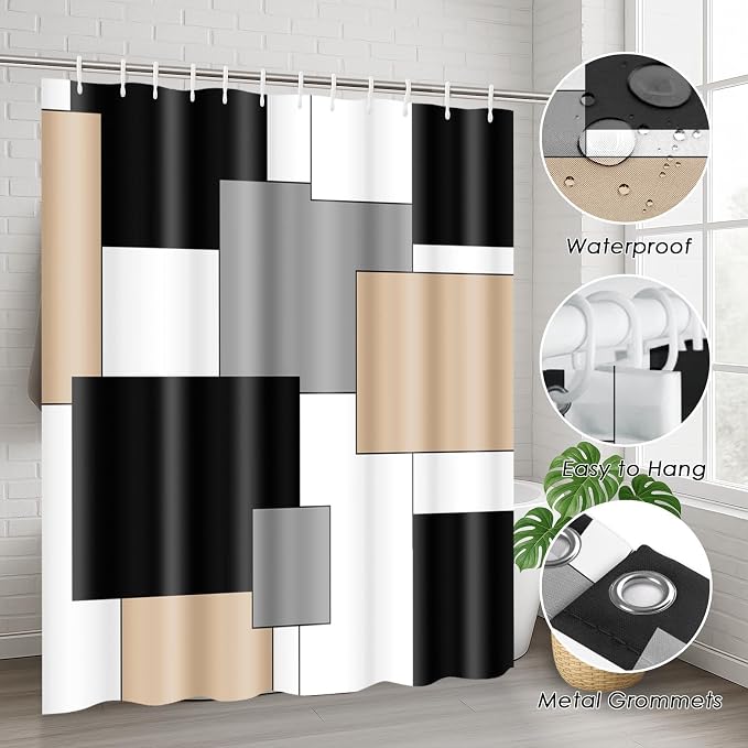 Bathroom Sets with Shower Curtain and Rugs, 4 Pcs, Geometric Beige | Checkered Abstract Modern Bathroom Decor Set with Toilet Lid Cover, Non-Slip Bath Mats and Accessories 12 Hooks