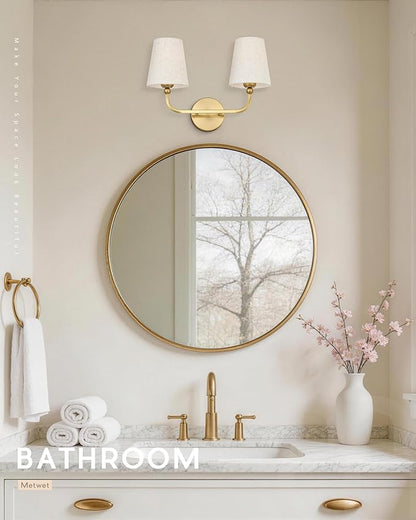 2-Light Bathroom Light Fixtures, Brushed Gold Vanity Lights, Double Wall Sconce with Linen Fabric Shade, Modern Sconces Wall Lighting for Hallway Bedroom Stairway, VL837-BG-A-2