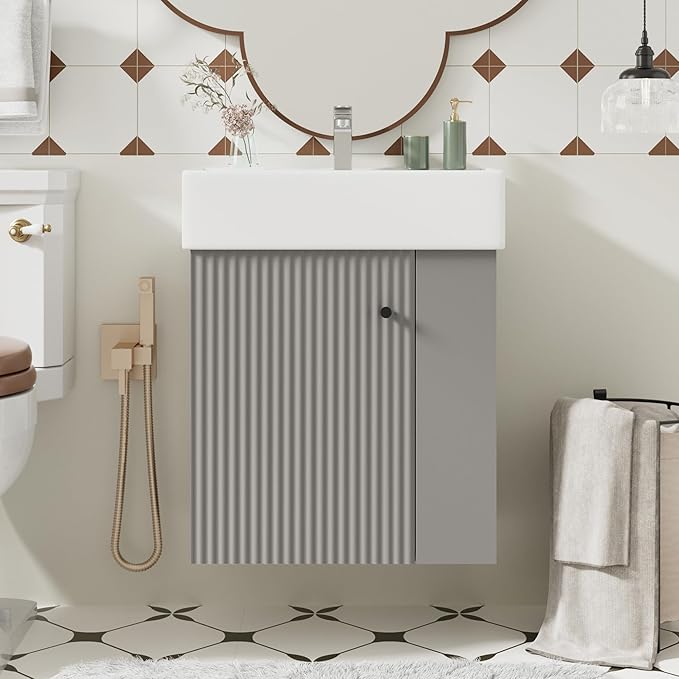 21.6 in Floating Bathroom Vanity with Sink,Soft Closing Doors,Solid Wood Frame & MDF Modern Single Small Bathroom Vanity Cabinet with Open Shelf,Wall Mounted (Grey,Right Shelves)