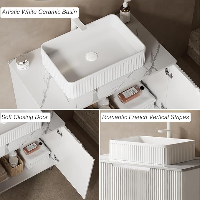 30" Bathroom Vanity with Sink, Small Bathroom Vanity with Durable Ceramic Basin and Sintered Stone Countertop and Soft Closing, Freestanding Bathroom Vanities, White
