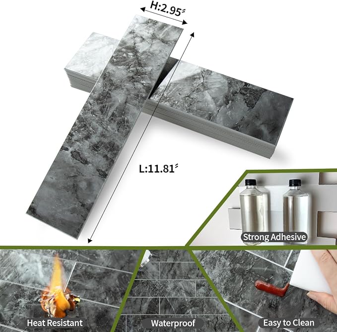 AULIGET 4-Piece Polished Dark Grey Marble Peel and Stick Backsplash Wall Tiles, 3" x 12" PVC Faux Stone Stick on Tiles for Backsplash Kitchen, Bathroom, Laundry Room, Camper, Fireplace