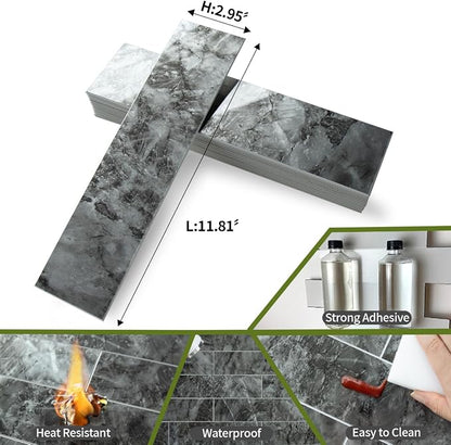 AULIGET 40-Piece Polished Dark Grey Marble Peel and Stick Backsplash Wall Tiles, 3" x 12" PVC Faux Stone Stick on Tiles for Backsplash Kitchen, Bathroom, Laundry Room, Camper, Fireplace