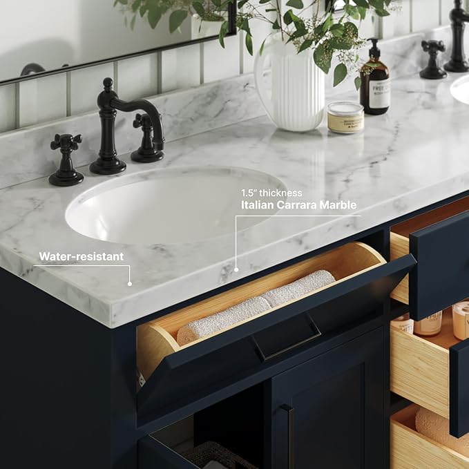 ARIEL Hepburn 72-inch Bathroom Vanity with Sink,Solid Wood, 1.5-inch Italian Carrara Marble Countertop, Double Oval Porcelain Sink, 4 Soft Closing Doors, 6 Dovetail Drawers, Midnight Blue