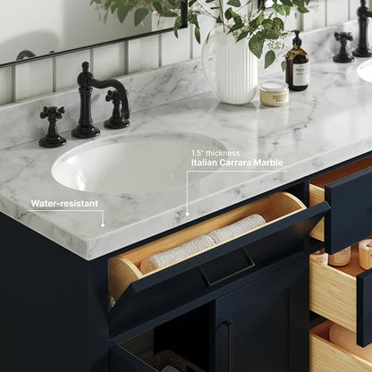 ARIEL Hepburn 72-inch Bathroom Vanity with Sink,Solid Wood, 1.5-inch Italian Carrara Marble Countertop, Double Oval Porcelain Sink, 4 Soft Closing Doors, 6 Dovetail Drawers, Midnight Blue