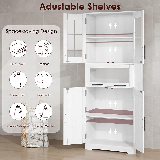 IDEALHOUSE 67" H Tall Bathroom Storage Cabinets with Drawer, White | Modern Freestanding Cabinet with Doors & Adjustable Shelves, Bathroom, Dining Room, Kitchen & Pantry, Laundry, Narrow Corner