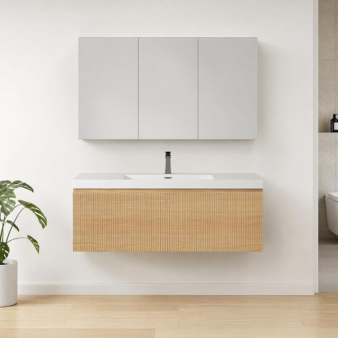 Floating Bathroom Vanity, 42" Wall Mounted Bathroom Cabinet with Glossy White Stone Resin Sink & U-Shaped Soft-Close Drawer, Pre-Assembled Striped Storage Vanity for Bathroom, Natural Wood
