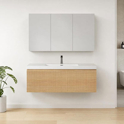 Floating Bathroom Vanity, 42" Wall Mounted Bathroom Cabinet with Glossy White Stone Resin Sink & U-Shaped Soft-Close Drawer, Pre-Assembled Striped Storage Vanity for Bathroom, Natural Wood